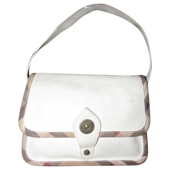 Burberry Purses Plaid Trim White Leather With Nova Check And Coated Canvas Bag - Picture 1 of 12